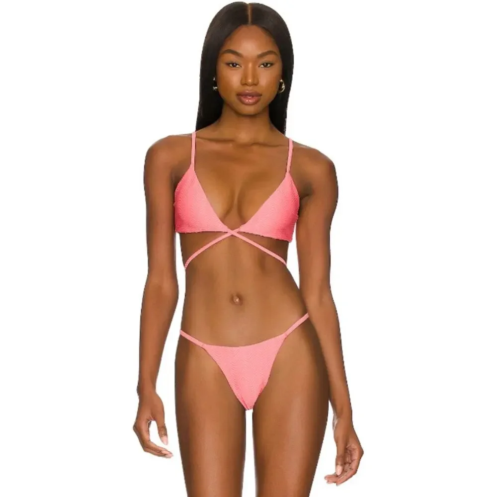 Monday Swimwear St.martin Bikini Top Bottom Set Textured in Azalea Pink size P/S